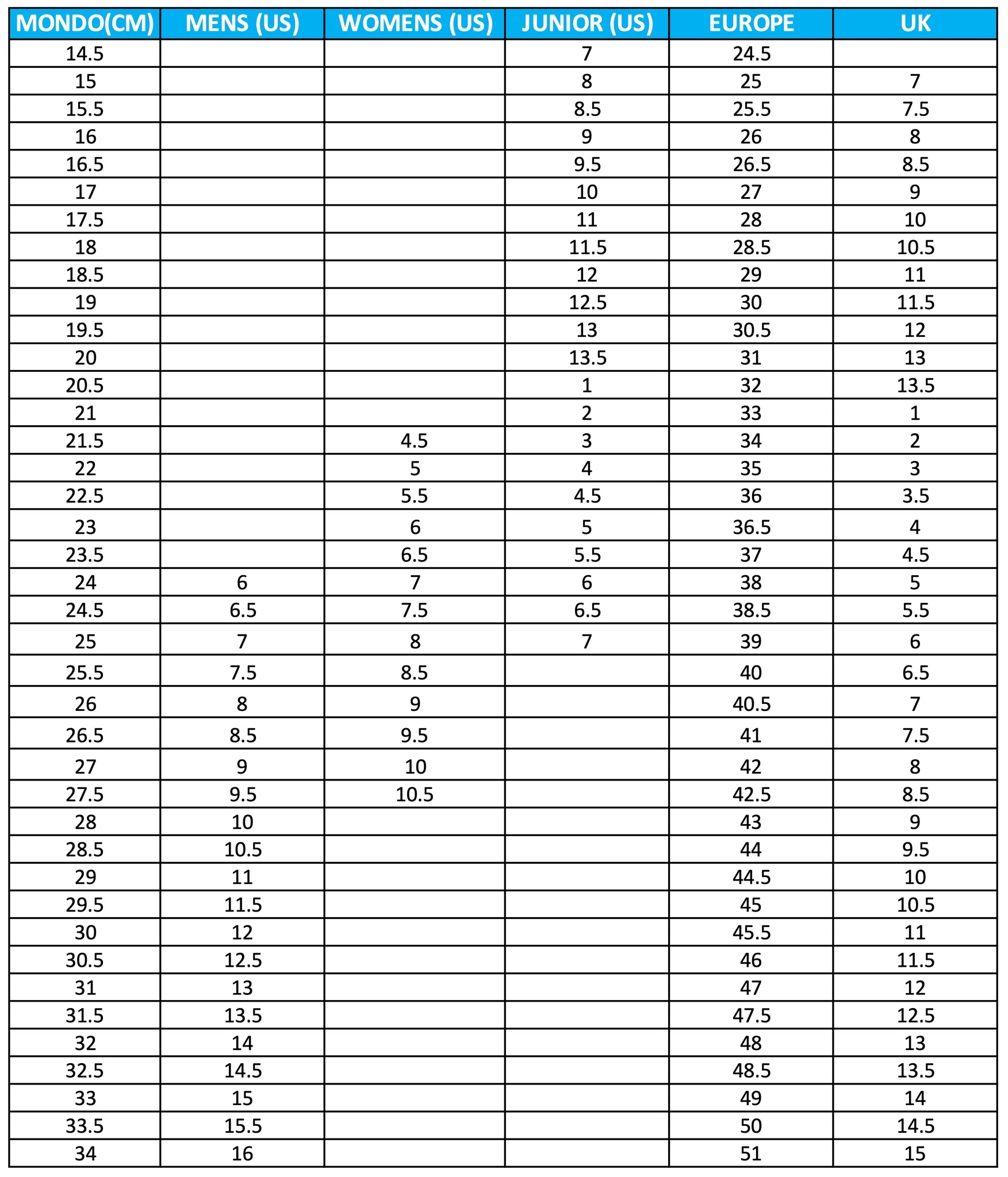 Atomic Boot 2025 Size Chart