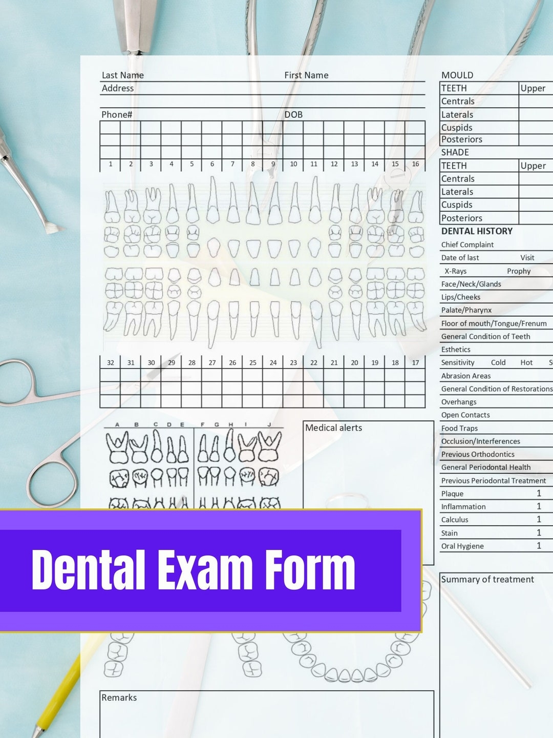 Dental Exam Form Template Dental Record Editable Instant Digital Download Ready To Use Excel PDF Dental Chart Office Form Etsy