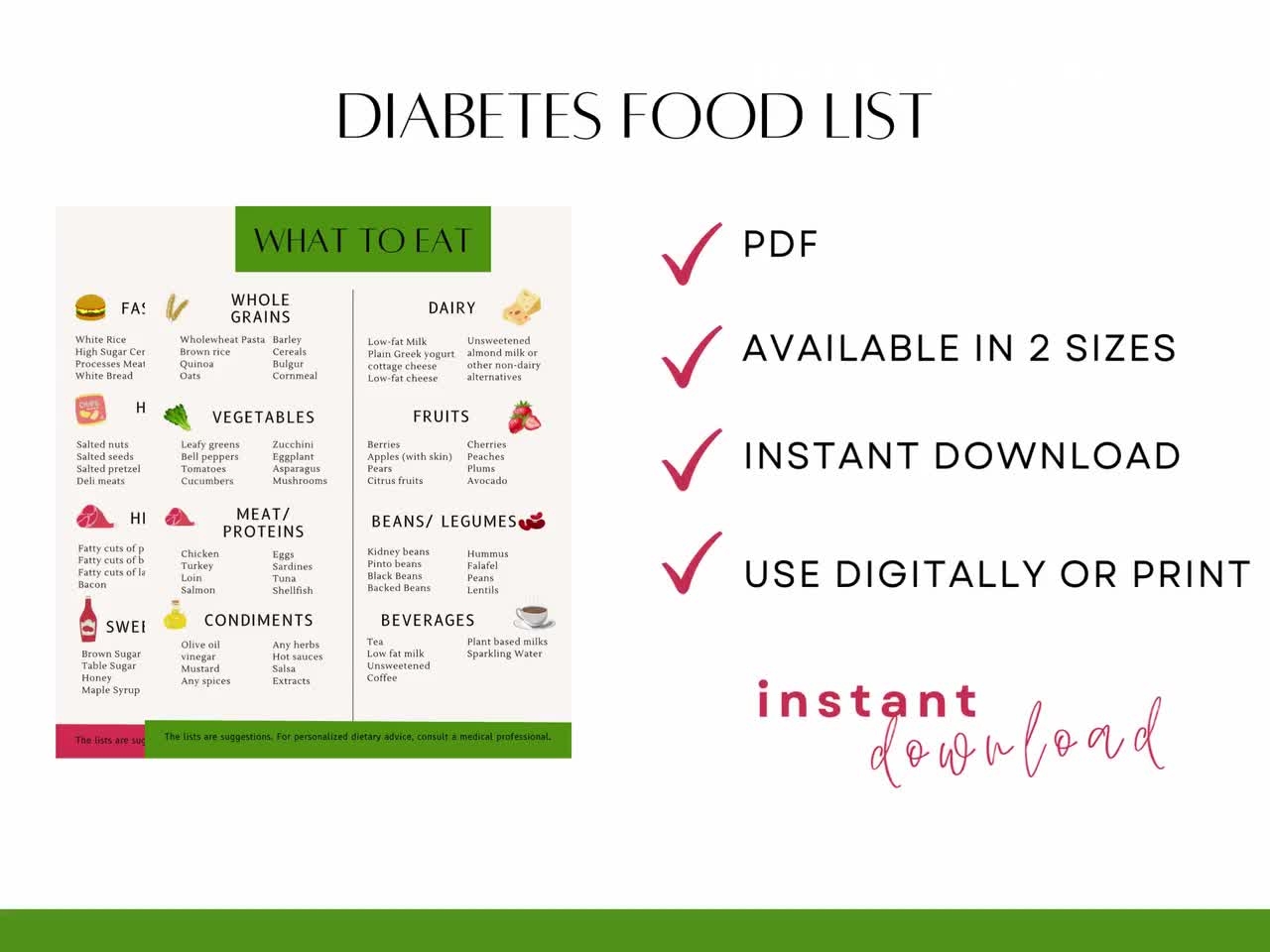 Diabetes Food List Type 2 Diabetes Diabetic Food Chart Printable PDF Instant Download Etsy