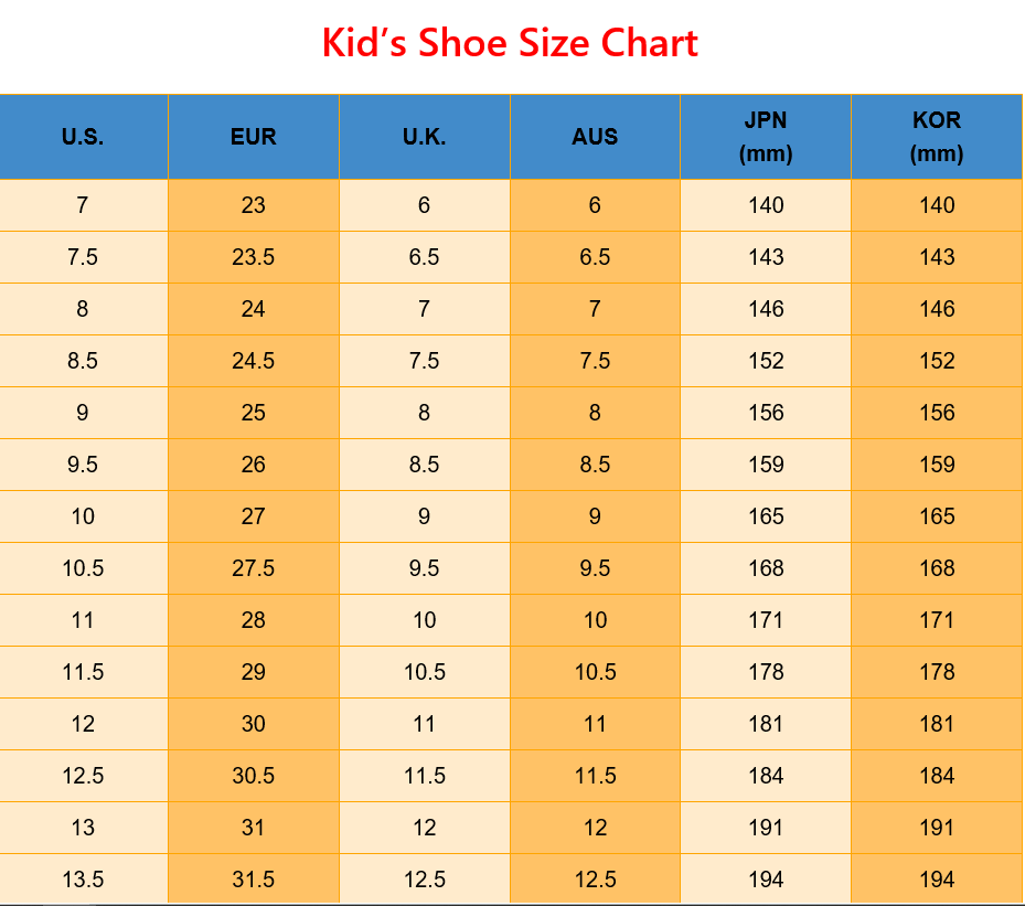 Kids Shoe Size Chart Printable