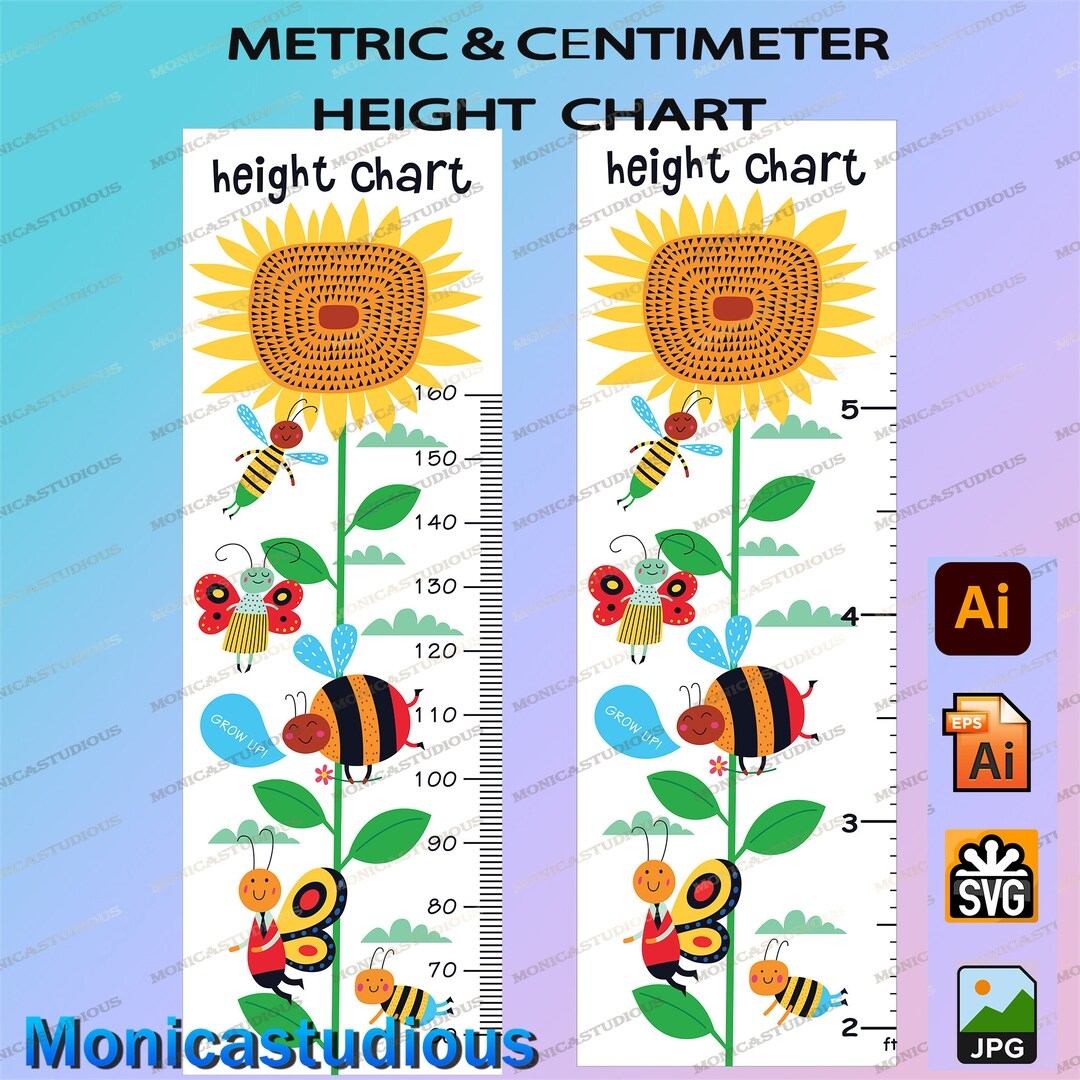 Kids Height Chart sunflower And Bee Growth Chart Digital Print cartoon Animals Height Chart Eps kids Growth Ruler metric centimeter Feet Etsy UK