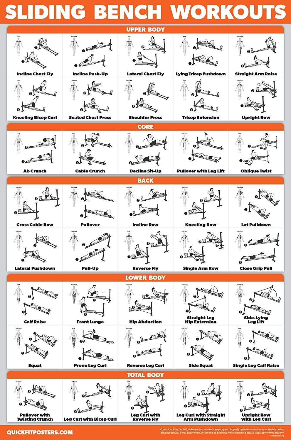 QUICKFIT Sliding Bench Workout Poster Compatible With Total Gym Weider Ultimate Body Works Incline Bench Exercise Chart LAMINATED 18 X 24 Amazon ca Sports Outdoors